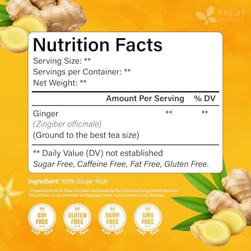 FreshDrinkUS, 150 Premium Ginger Tea Bags, Non GMO, 100% Natural & Pure from Ginger Root, Root Herbal Tea. No Sugar, No Caffeine, No Gluten, Vegan. Support Stronger Digestion, Pleasantly Spicy & Warming