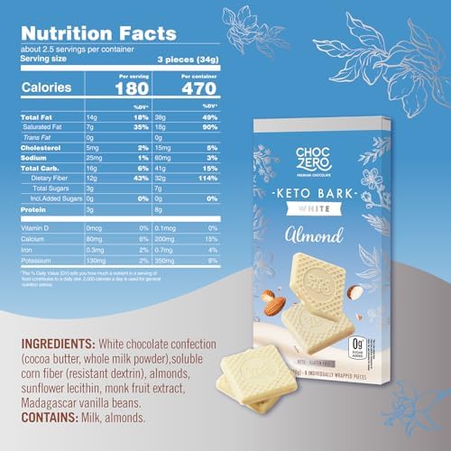 ChocZero Keto Bark, White Chocolate Almond, No Added Sugar, High Fiber, Low Carb, No Sugar Alcohols, No Artificial Sweeteners, 3.2 Ounce (Pack of 4)