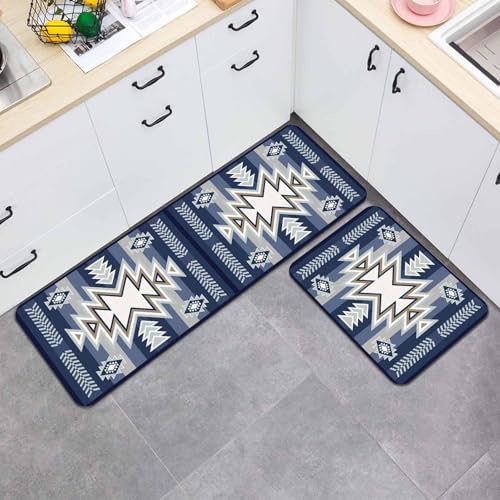 Bohemia Aztec Kitchen Mats for Floor 2 Piece, Blue Geometric Country Farmhouses Tribe Absorbent Non-Slip Kitchen Rugs Comfort Standing Mat for Laundry, Hallways 15.7"x23.6"+15.7"x47.2"