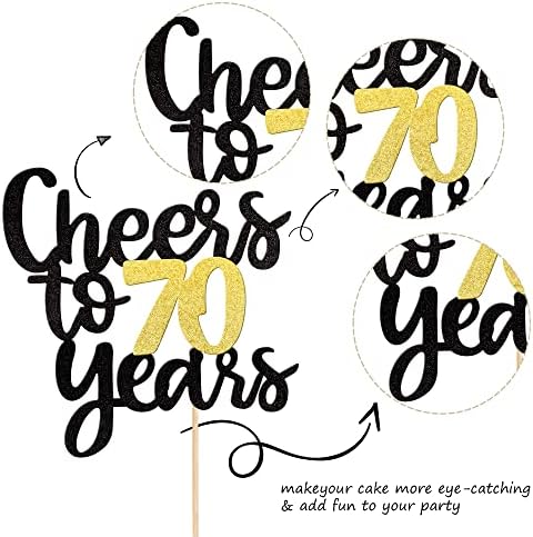 Cheers to 70 Years Cake Topper - Black and Gold Glitter Assembled Birthday Cake Pick - Happy 70th Cake Decoration for Anniversary and Seventy Birthday Party Supplies (1 Pack)