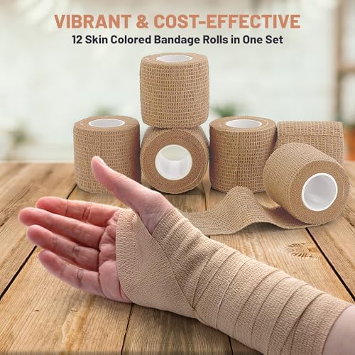 MEDca Self Adherent Cohesive Wrap Bandages 2 Inches X 5 Yards 12 Count with Strong Elastic First Aid Tape for Sprain Swelling and Soreness on Wrist and Ankle (Skin Color)