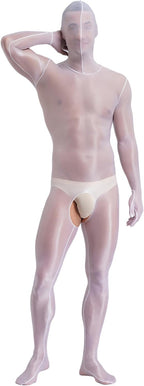 Men's Sheer Hooded Bodystocking Full Bodysuit Zentai Hollow Out Nylon Tights Jumpsuit