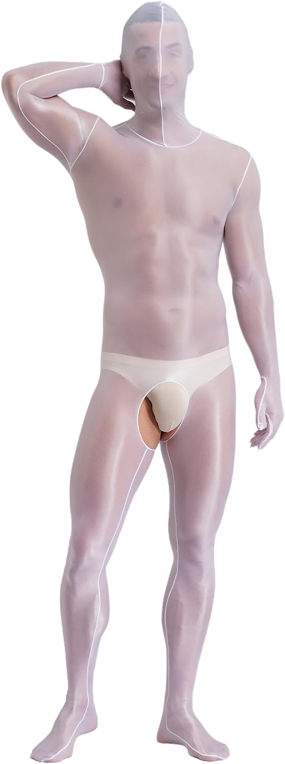 Men's Sheer Hooded Bodystocking Full Bodysuit Zentai Hollow Out Nylon Tights Jumpsuit