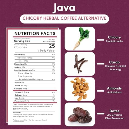 Teeccino Java Chicory Coffee Alternative - 11 Ounce - Ground Herbal Coffee That’s Prebiotic, Caffeine Free & Acid Free, Medium Roast