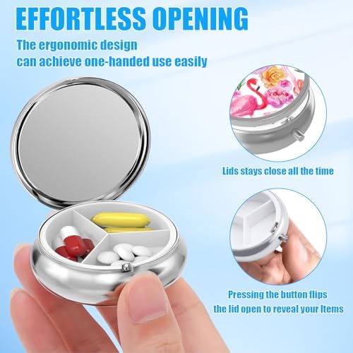 Watercolor Flamingo Rose Pill Case, Pill Box 3 Compartments Metal Small Pill Holder with Mirror Mini Travel Pill Container for Purse Pocket Women Men
