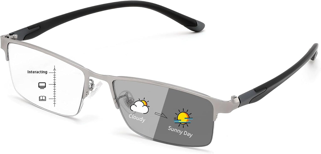 FEISEDY Blue Light Blocking Photochromic Multifocal Progressive Reading Glasses Vintage Half Frame UV400 Protection B1388