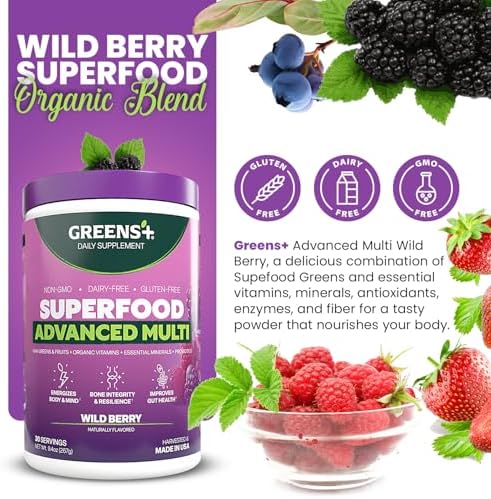Greens+ Advanced Multi Wild Berry Superfood Powder, Organic Blend, Vegan, Non-GMO, Soy-Free, Dairy-Free, Gluten-Free, Dietary Supplement with Vitamins & Minerals, 9.4 oz