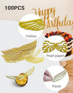 100 Pcs Golden Snitch Style Wings, Glitter Golden Hollow-Out Wafer Chocolate Decorations with Adhesive Dots, Wizard Theme Party Cupcake Cake Toppers for Birthday, Wedding, Christmas Supplies
