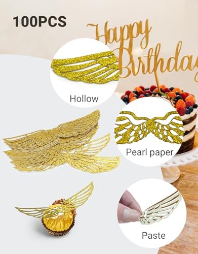 100 Pcs Golden Snitch Style Wings, Glitter Golden Hollow-Out Wafer Chocolate Decorations with Adhesive Dots, Wizard Theme Party Cupcake Cake Toppers for Birthday, Wedding, Christmas Supplies