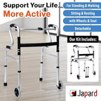 Japard Folding Walker with Front Wheels & Rest Seat Detachable, Front Wheeled Rollator Aluminum 400 lbs for Seniors Adults Silver