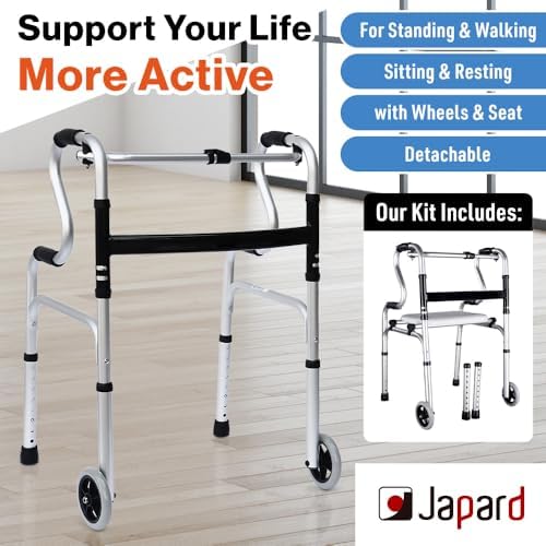 Japard Folding Walker with Front Wheels & Rest Seat Detachable, Front Wheeled Rollator Aluminum 400 lbs for Seniors Adults Silver