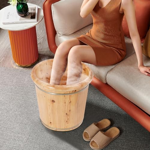 Wooden Foot Bath Bucket with Massage Rollers and Lid, 15.75 Inch Deep Natural Solid Wood Foot Bath Barrel, Pedicure Bowl Footbath Barrel for Home Spas Bath Centers (Natural Wood)