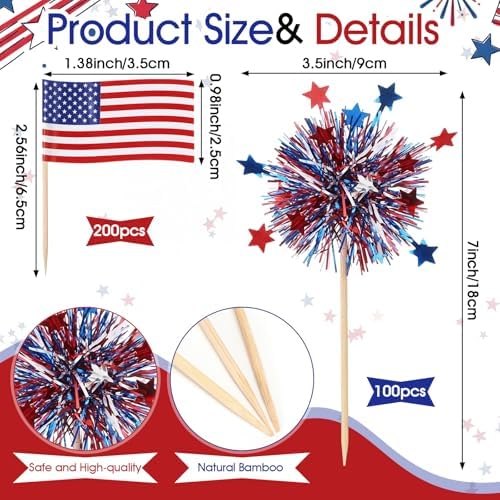 Zhehao 300 Pcs American Flag Patriotic Cupcake Toppers 4th of July Foil Firework Cake Decoration Toothpicks Red Blue White Mini Flags on Stick 250 Anniversary Party Cocktail Food Bar Independence Day