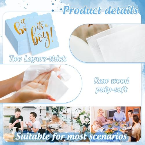 FYSUIMU 100 Pcs It's a Boy Napkins Blue Gold Foil Scalloped Disposable Napkin Paper Luncheon Dinner Napkin for Baby Shower Gender Reveal Table Supplies