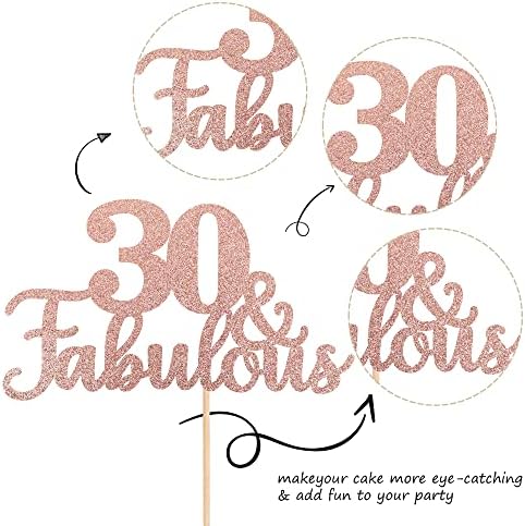 1 PCS 30 & Fabulous Cake Topper Glitter Thirty and Fabulous Cake Toppers Happy 30th Birthday Cake Pick for 30th Wedding Anniversary Birthday Party Cake Decorations Supplies Rose Gold