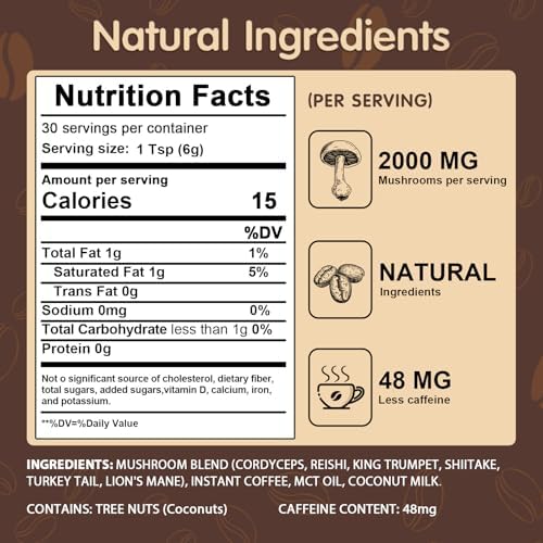 Mushroom Coffee, 6 Adaptogenic Mushrooms with Lion's Mane, Cordyceps, Turkey Tail & More, Instant Mushroom Coffee for Focus, Energy, Immune & Digestion Support