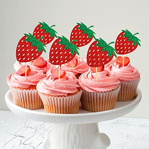 36Pcs Glitter Red Strawberry Cupcake Toppers Red Strawberries Cupcake Picks for Berry Strawberry Baby Shower Kids Boys Girls Birthday Sweet Fruit Party Bridal Shower Wedding Cake Decorations