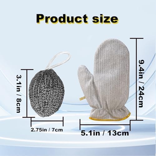 2PCS Dishwashing Gloves Silver and 2PCS Stainless Steel Melon Shape Steel Wire Ball(white/gray rope)