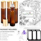 PrettyCare 4 Pack Amber Glass Oil Roller Bottles for Essential Oils 10ml, Roll On Bottles with Stainless Steel Roller Ball Leak-Proof Perfume Travel Refillable Bottle Empty, Beauty & Personal Care