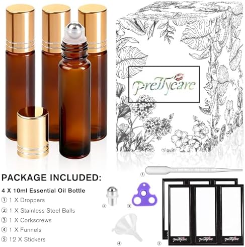 PrettyCare 4 Pack Amber Glass Oil Roller Bottles for Essential Oils 10ml, Roll On Bottles with Stainless Steel Roller Ball Leak-Proof Perfume Travel Refillable Bottle Empty, Beauty & Personal Care