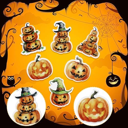 48 PCS Edible Halloween Pumpkin Cupcake Toppers Wafer Paper Jack-O-Lantern & Witch Hat Pumpkin Cupcake Picks for Cake Decorating