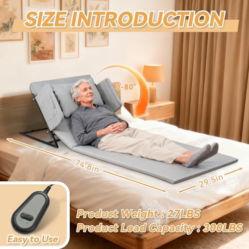 Electric Lifting Backrest for Bed, Adjustable Power Recliner Bed with Remote Control, 2°-80° Adjustable Angle, with Handrail Fence&Headrest Cushion, Suitable For Pregnancy&Elderly&Patients, 30x75in