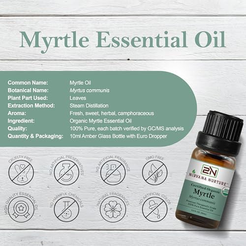 Myrtle Essential Oil, USDA Certified Organic, 100% Pure Undiluted, Aromatherapy Oil for Diffuser, Hair & Skin Care