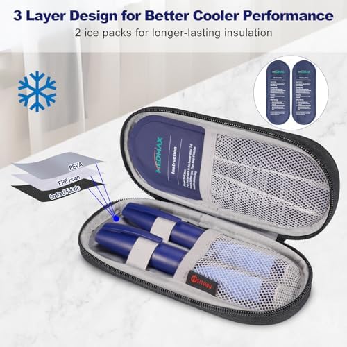 MEDMAX Insulin Pen Cooler Travel Case with 2 Reusable TSA Approved Ice Packs - Portable Insulated Diabetic Medication Organizer Carrying Cooling Bag for Insulin Pen and Other Diabetic Supplies
