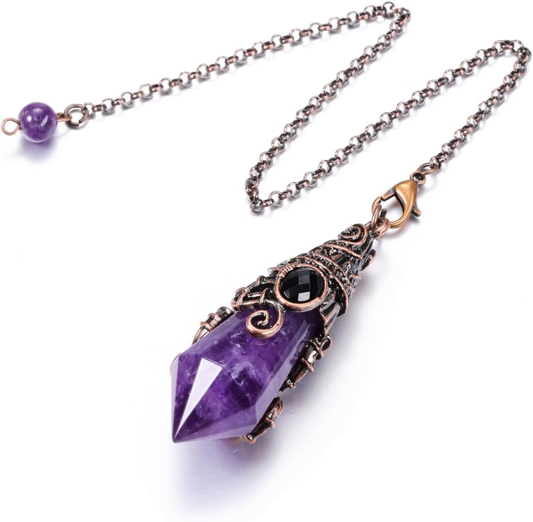 PESOENTH Amethyst Crystal Pendulum Dowsing Divination Scrying Pendulum with Bronze Wrap Healing Stone Gemstone Quartz Point Pendant Spiritual Crystal Gifts for Women Men