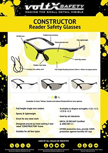 voltX 'Constructor' SAFETY READERS Full Lens Reading Safety Glasses (+2.5 Dioptre, Yellow) ANSI Z87.1+ & CE EN166F, Wraparound Style - Includes Safety Cord with headstop - UV400 anti fog coated lens