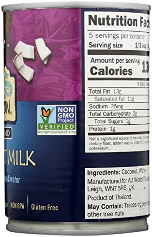 Blue Dragon Unsweetened Coconut Milk, Contains Only Coconut & Water, All Natural, Vegan, Gluten Free & Non-GMO, 13.5 Fluid Ounce (Pack of 12)