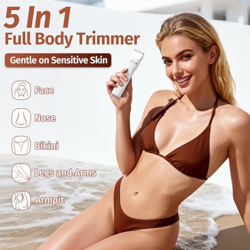 Bikini Trimmer for Women,5-in-1 Electric Razors for Women,Electric Shaver for Women's,IPX7 Waterproof Trimmer for Men Legs,with 5 Replaceable Blade Heads,USB Recharge Dock（White）