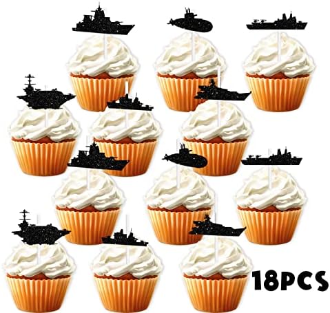 18pcs Black Glitter Silhouettes Warship Dessert Cupcake Topper Navy Navigation Theme Decoration Boy Girl Happy Birthday Decor Supplies