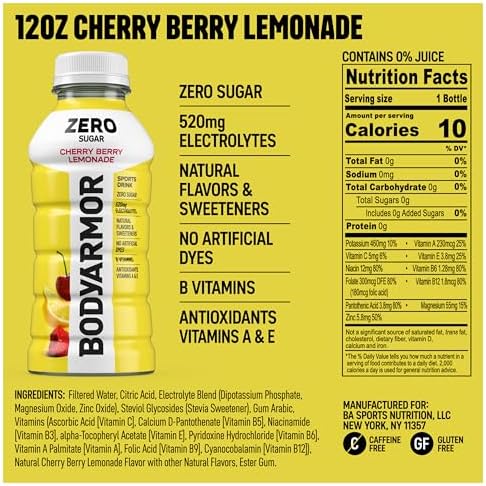 BODYARMOR ZERO Sugar Cherry Berry Lemonade Electrolyte Drink, Natural Flavors, 12 Fl Oz Bottles (8 Pack), B Vitamins & Antioxidants Sugar Free Hydration