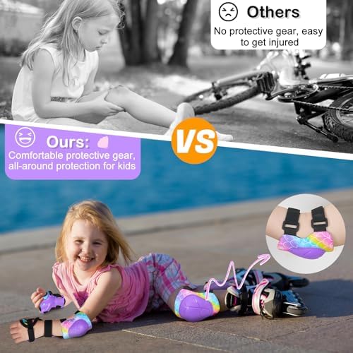 FIODAY Knee Pads for Kids Adjustable Kids Knee Pads and Elbow Pads with Wrist Guard for Girls Roller Skates Cycling Bike Skateboard Scooter Knee Pads, 3-8 Years,Rainbow Mermaid