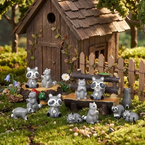 40 Pcs Mini Resin Raccoon Figurines Bulk Miniature RaccoonFigures Winter Woodland Animal Tabletop Tray Statue for Home Desktop Micro Landscape Decor Gift Woodland Animals Decoration