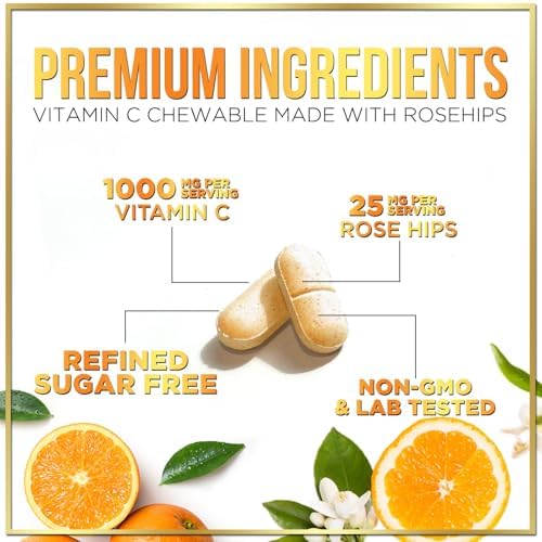 Vitamin C 1000mg Per Serving - Extra Strength with Rose Hips Bioflavonoids - Sugar Free Vitamin C Chewable Pills, Vit C Supplement for Immune Support & Antioxidant, USA Bottled - 120 Chewable Tablets