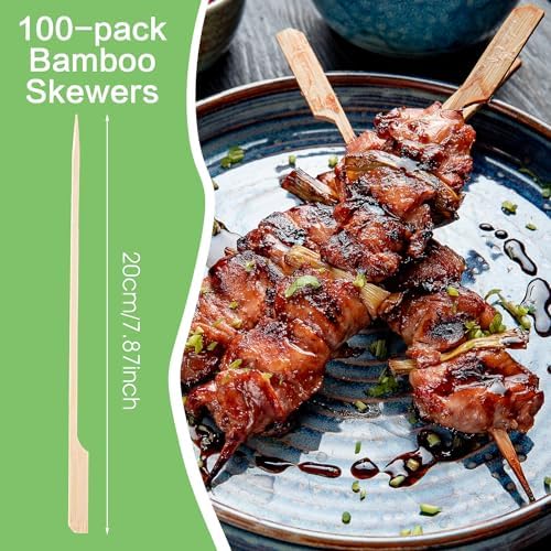 8 inch Bamboo Skewers, 100 PCS Bamboo Sticks for Cocktail Appetizer Toothpicks Kabab Skewers Picks Paddle Wooden Skewers for Cocktail, Fruit, Grilling, Drink, BBQ, Fondue(8 Inch)