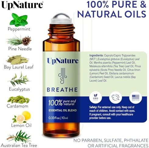 UpNature Breathe Essential Oil Roll On Blend – Natural Breathing Support - Premium Quality Essential Oils for Skin - Pure Blend of Peppermint, Tea Tree & Eucalyptus Oil