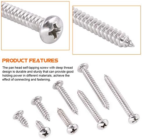 180-Pcs [#8 3/8" to 1-1/2"] 304 Stainless Steel Round Pan Head Phillips Cross Wood Screws Self Tapping Drilling Screws Assortment Kit