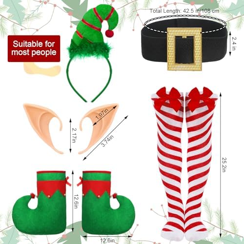 Suhine 12 Pcs Women Christmas Elf Costume Santa's Helpers Dress Outfit Elf Hat Bells Ears Shoes Xmas Fancy for Party