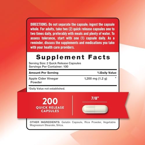 Nature's Truth Apple Cider Vinegar Capsules | 1200mg | 200 Pills | Extra Strength | Value Size | Non-GMO, Gluten Free Supplement