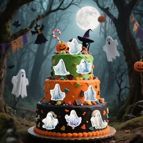 45PCS Edible Ghost Cupcake Toppers Wafer Paper Halloween Specter Cake Picks Edible Spooky Little Boo Cupcake Toppers for Halloween Eve Theme Party Birthday Decor Supplies