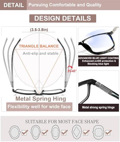 Reading Glasses for Men and Women, Blue Light Blocking Readers, Classic Rectangular Computer Glasses