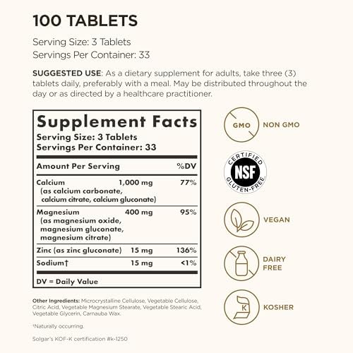 Solgar Calcium Magnesium Plus Zinc, 100 Tablets - Promotes Healthy Bones and Teeth - Supports Nerve & Muscle Function - Non-GMO, Vegan, Gluten Free, Dairy Free, Kosher - 33 Servings