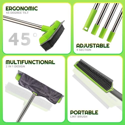 Carpet Rake,Rubber Broom for Pet Hair Removal with 61" Long Handle,2 Microfiber Cloths, Built-in Squeegee & Pet Brush, 4 in 1 Hair Remover for Rugs, Carpets,Tiles,Couches - Green