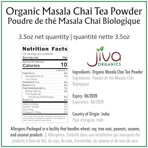 Jiva Organic Traditional Masala Chai Tea Powder Spice Blend 3.5 Ounce - Made with All Organic Spices - Easy Indian Tea Preparation