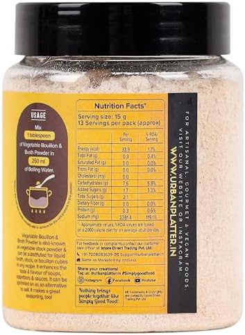 Urban Platter Vegetable Bouillon & Broth Powder | 7.05 Oz (200g) | Vegetable Stock to Your Favorite Soups, Stews, Sauces & Risottos | Gourmet Broth Powder | Low Calories | No Animal Content