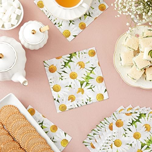 100 Pack Decorative Daisy Floral Pattern Paper Napkin, 2-Ply, 6.5x6.5”, Napkins for Garden Bridal Shower, Tea Party, Wedding & Decorative Party Supplies