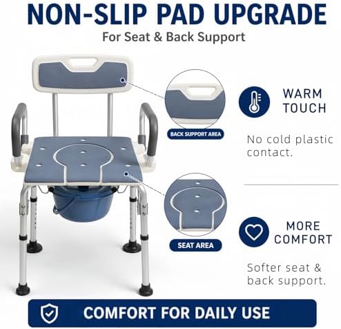 3-in-1 Bedside Commode Chair for Adults, Shower Chair & Toilet Safety Frame, Adjustable Height, Flip-Up Arms, Non-Slip Feet, 300 lbs Capacity, Commode Chair for Elderly